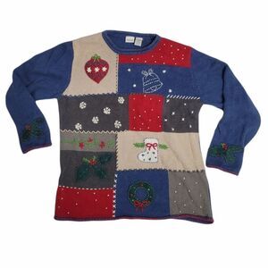 VINTAGE 90s patchwork‎ crew neck holiday Christmas sweater L